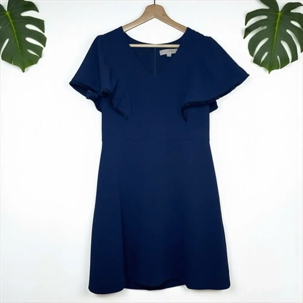 LOFT Fringe Trimmed Flutter Sleeve Dress in Navy - Picture 6 of 11
